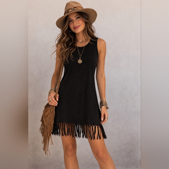 stillwater Dresses & Skirts - Stillwater The Brand Black Fringe Hem Sleeveless Tank Dress Cotton Size S